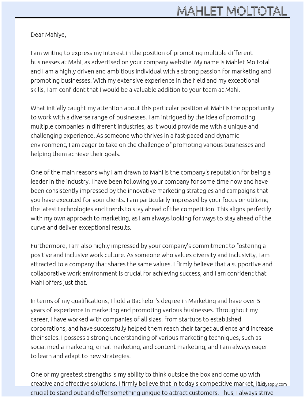  promote multiple different businesses At Mahi Cover Letter
