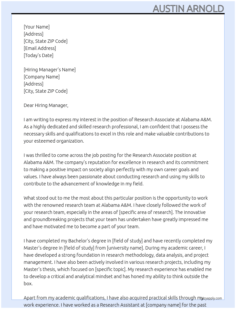  Research Associate At Alabama A&M Cover Letter
