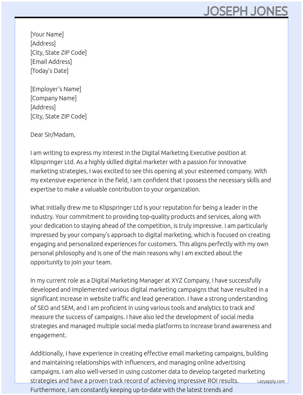 Digital Marketing Executive At Klipspringer Ltd Cover Letter