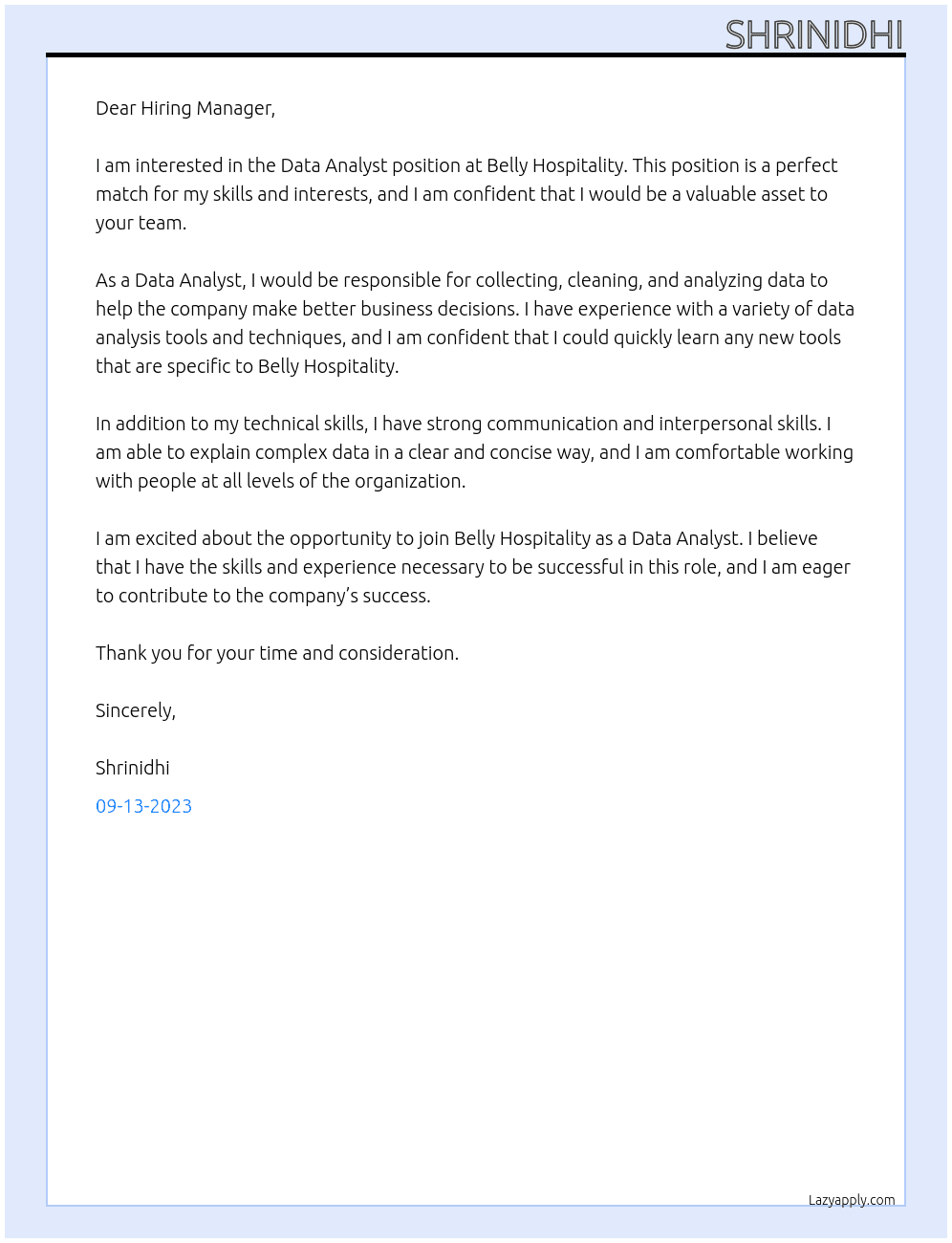 Data Analyst At Belly hospitality Cover Letter