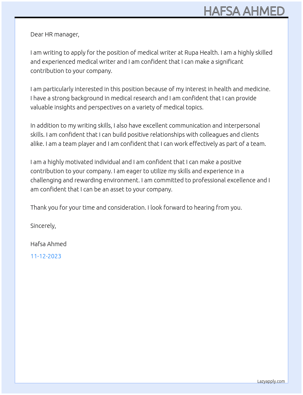 Medical writer At Rupa Health  Cover Letter