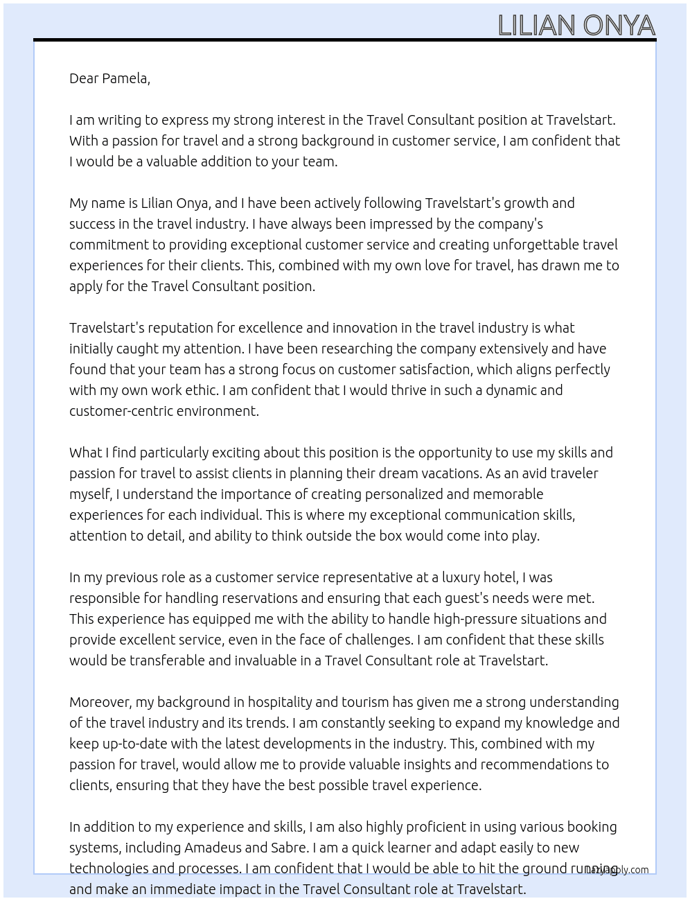 Travel consultant At Travelstart Cover Letter
