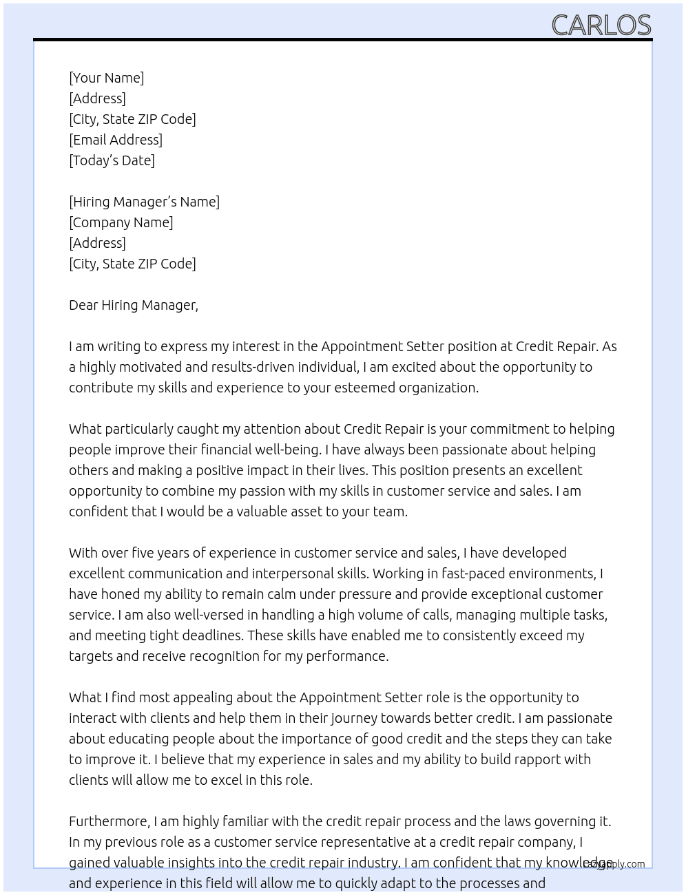 Appointment Setter At Credit Repair  Cover Letter