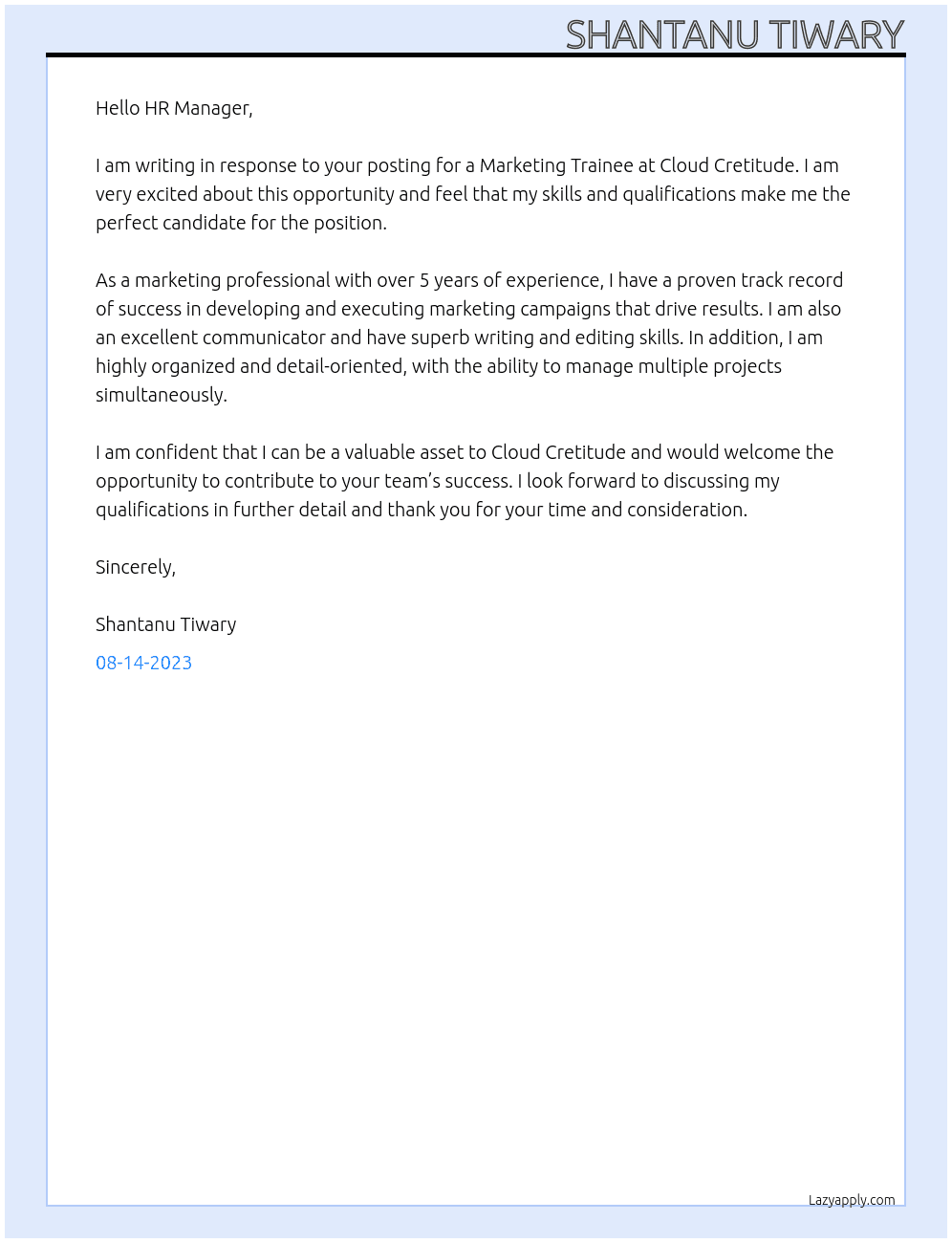 Marketing Trainee At Cloud Cretitude Cover Letter