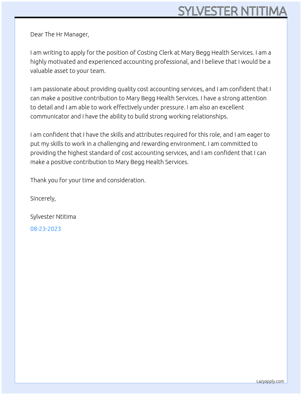 Costing Clerk At Mary Begg Health Services Cover Letter