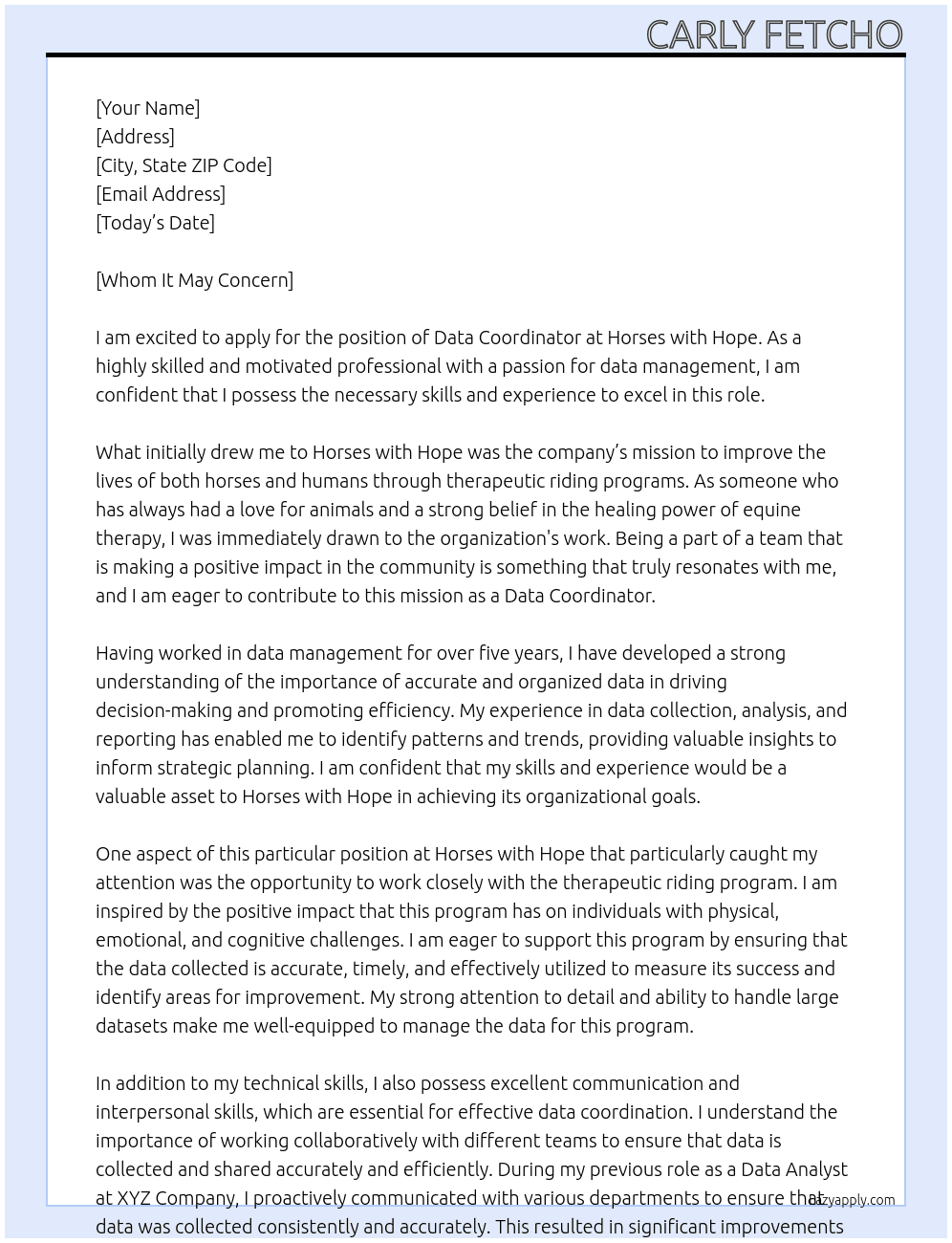 Data Coordinator At Horses with Hope Cover Letter