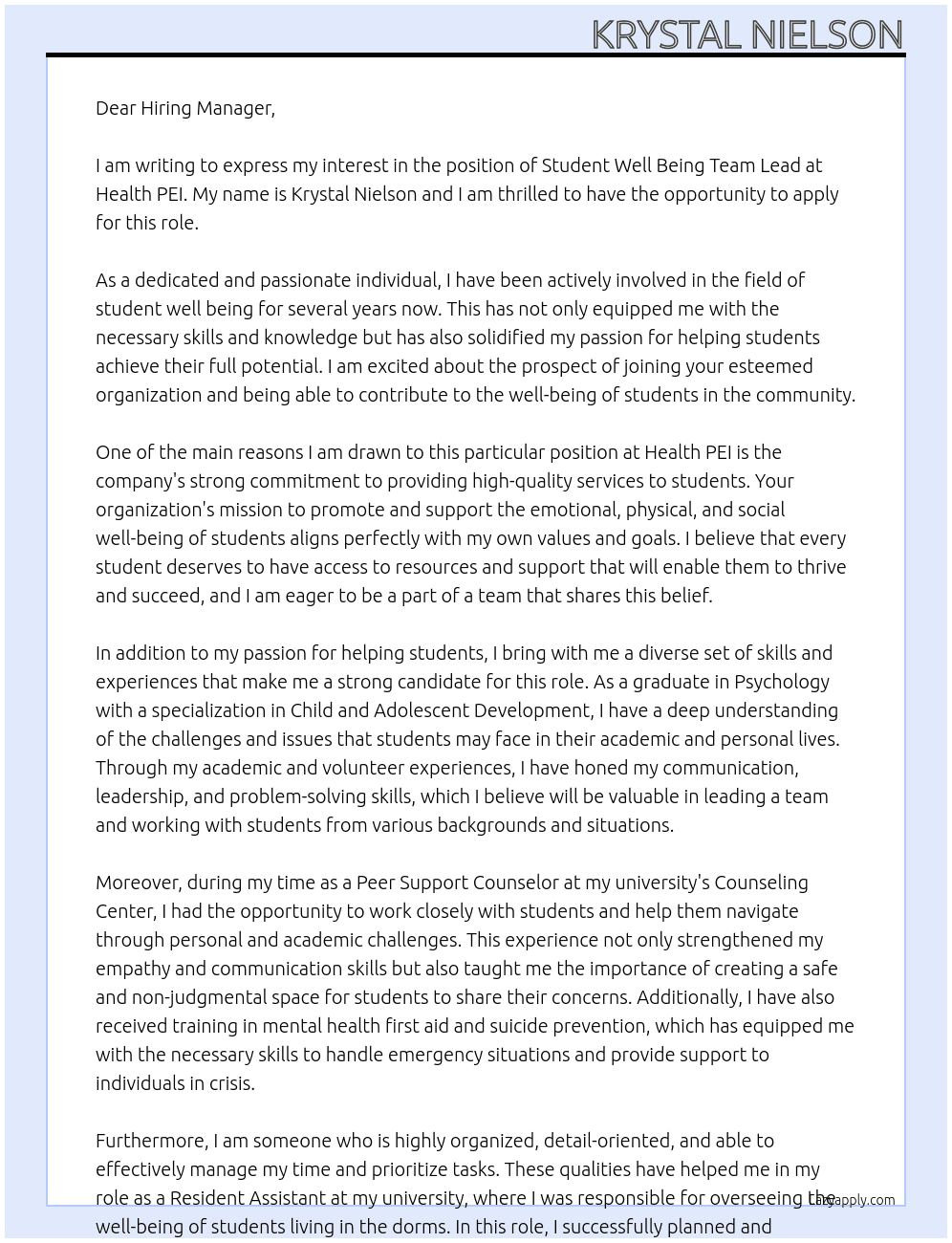 student well being team lead At Health pei Cover Letter