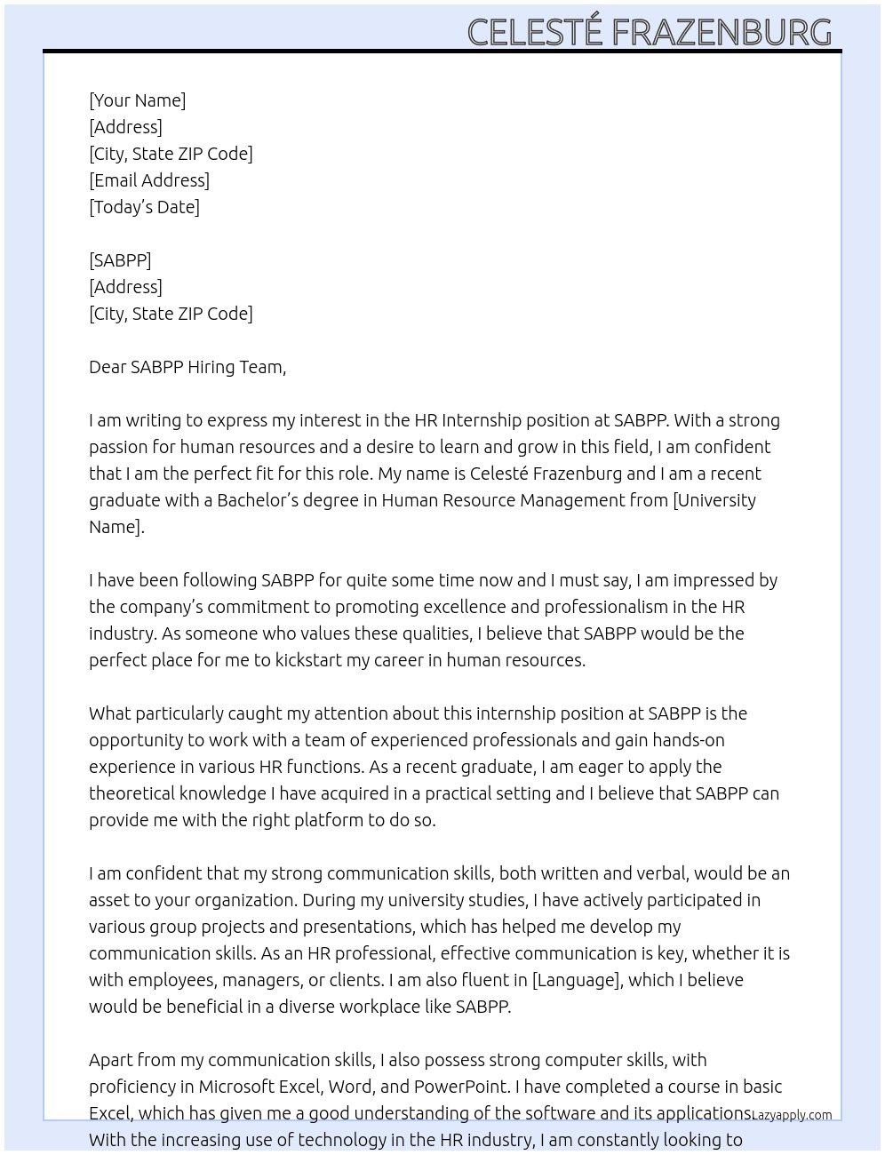 Hr Internship  At SABPP Cover Letter