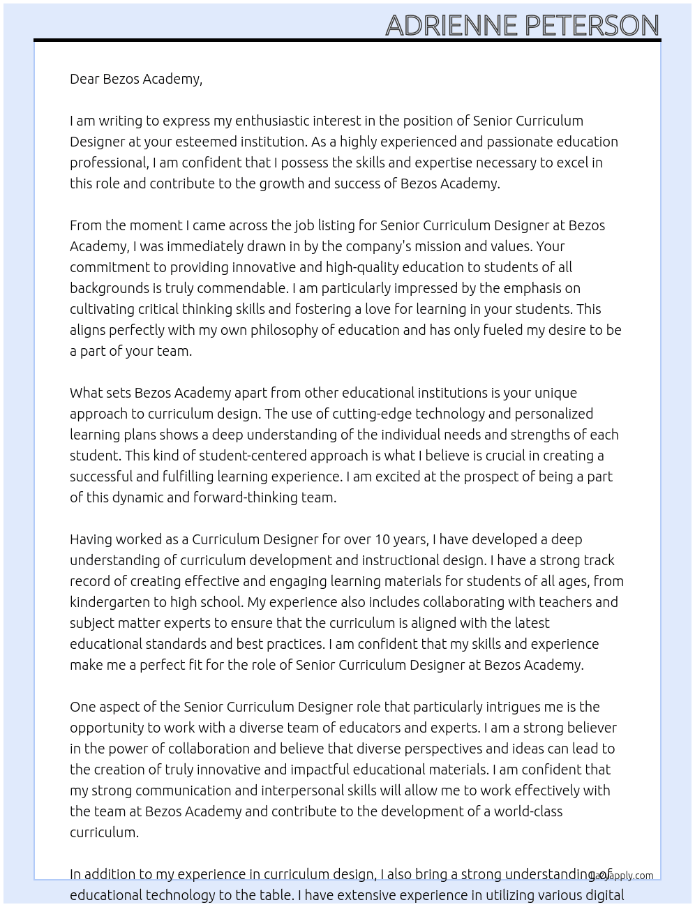 Senior Curriculum Designer At Bezos Academy Cover Letter