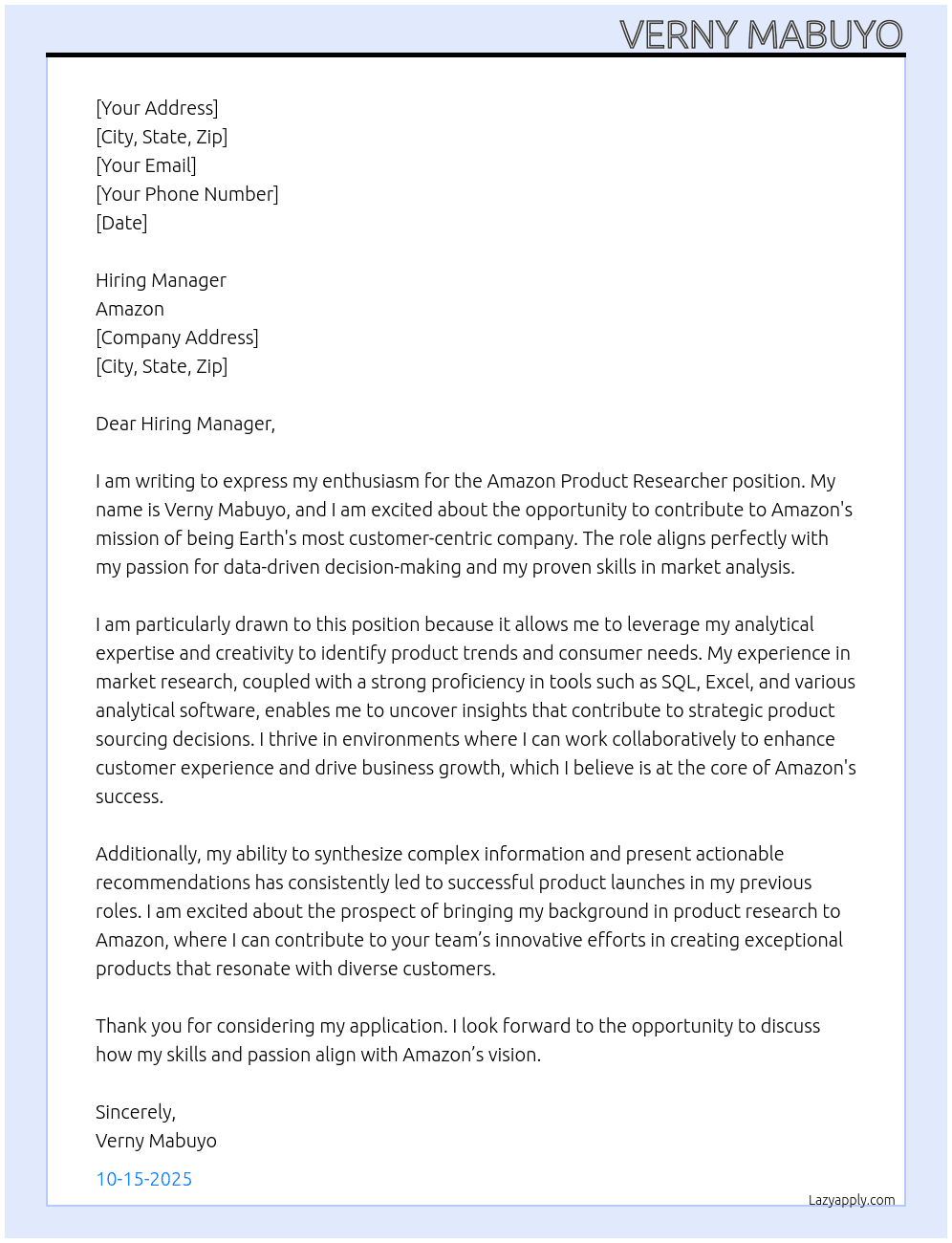 Cover letter for amazon product researcher - LazyApply