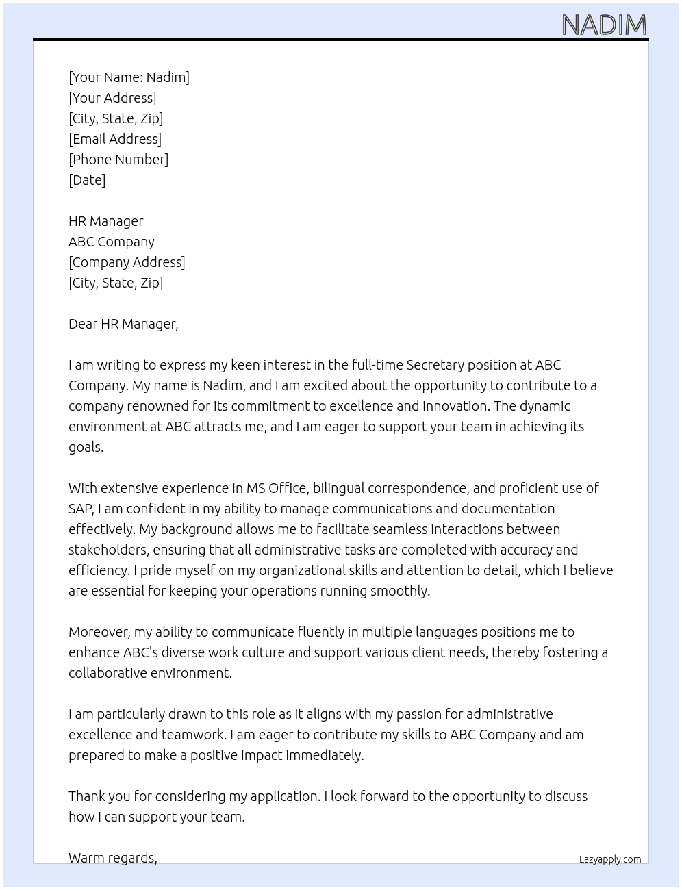 Secretary At abc Cover Letter