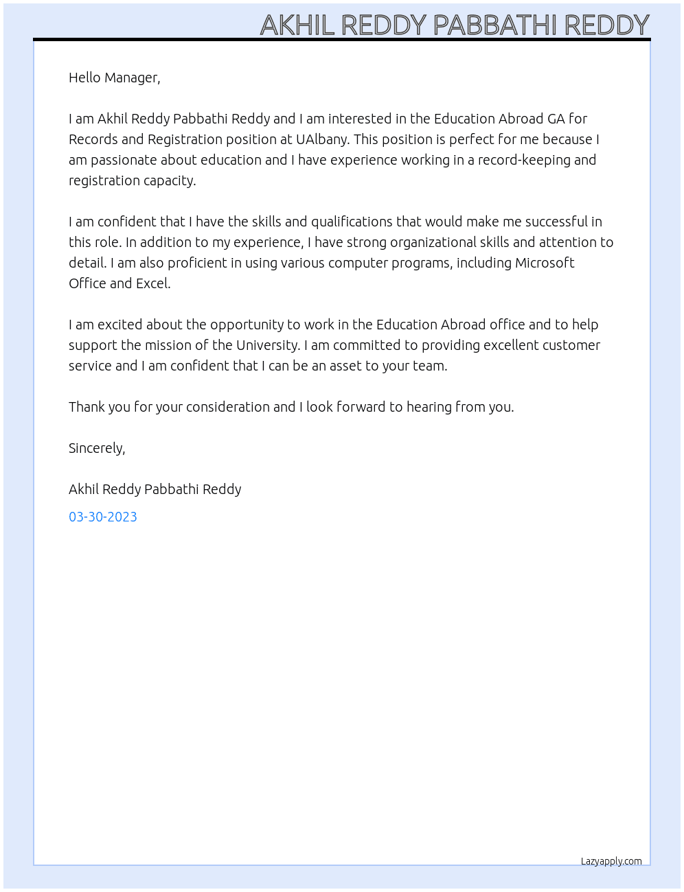 Education Abroad GA for Records and Registration At UAlbany Cover Letter