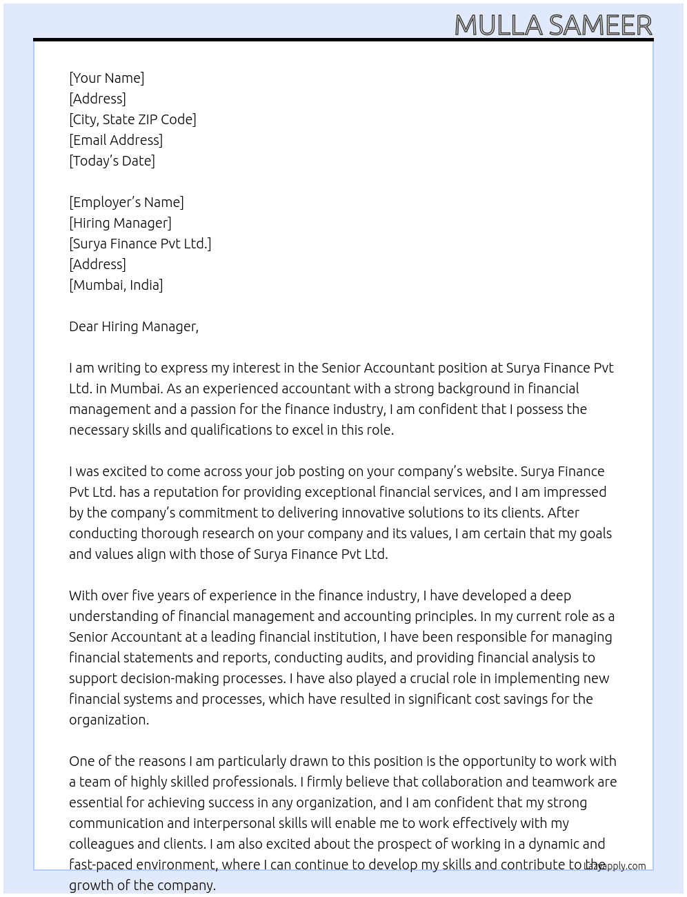 Senior accountant  At Surya Finance Pvt Ltd., Mumbai Cover Letter