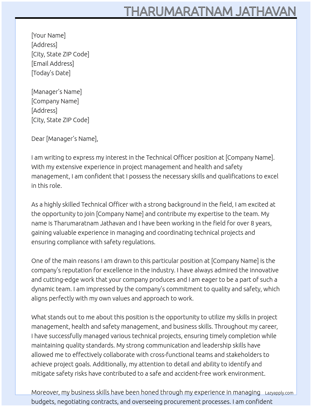 Technical Officer At Company Cover Letter