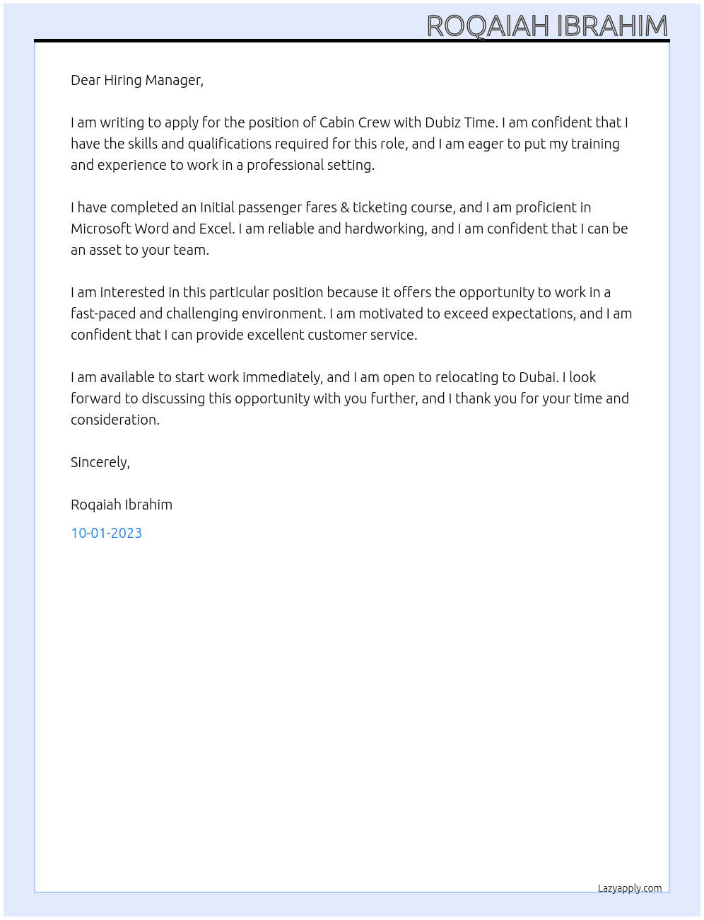 Cabin Crew At Dubiz Time Cover Letter