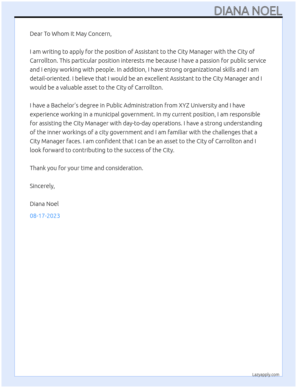 Assistant to the City Manager At City of Carrollton Cover Letter