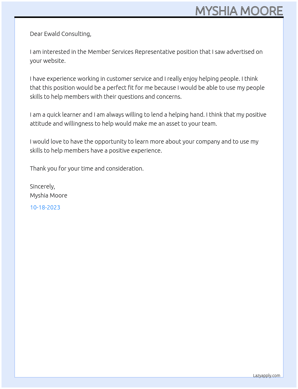 Member Services Representative At Ewald Consulting Cover Letter