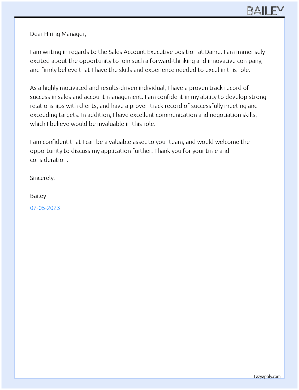 Sales Account Executive At Dame  Cover Letter