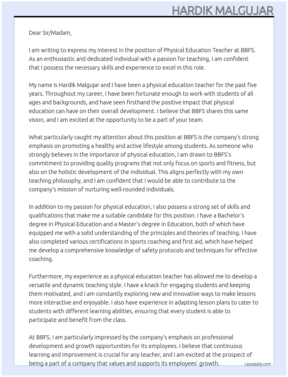 physical Education teacher  At BBFS Cover Letter