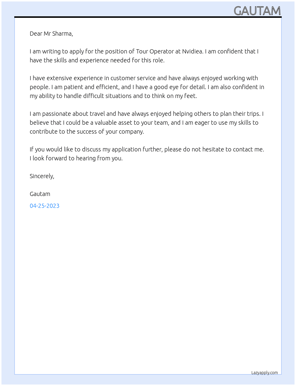 Tour Operator At Nvidiea Cover Letter
