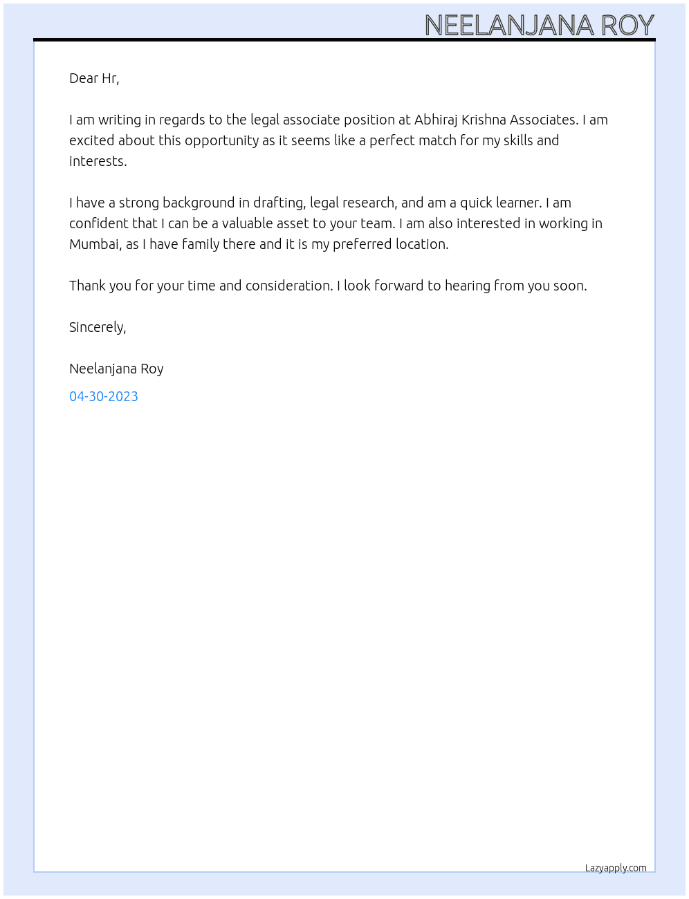 legal associate At Abhiraj Krishna Associates Cover Letter