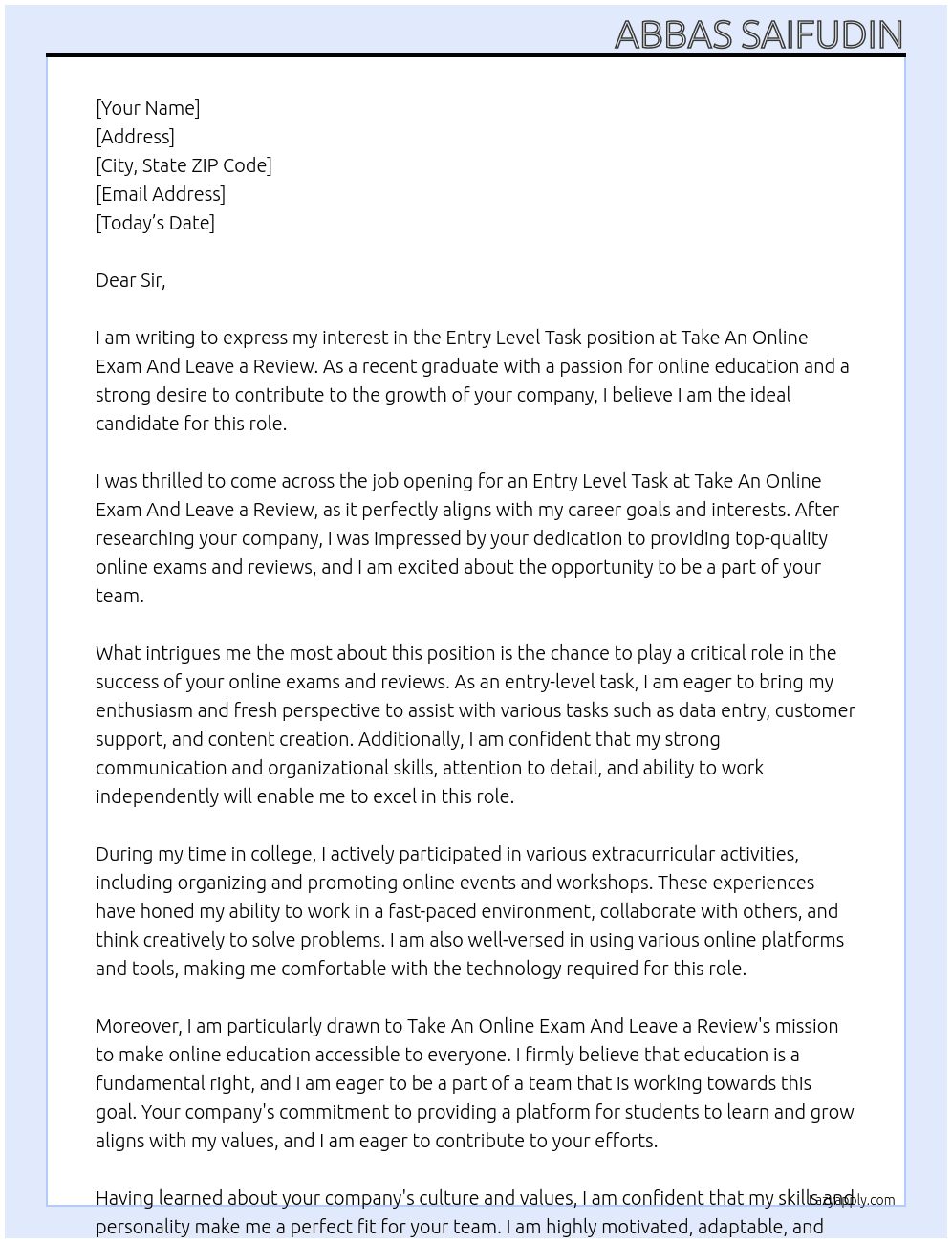 Entry Level Task At Take An Online Exam And Leave a Review Cover Letter