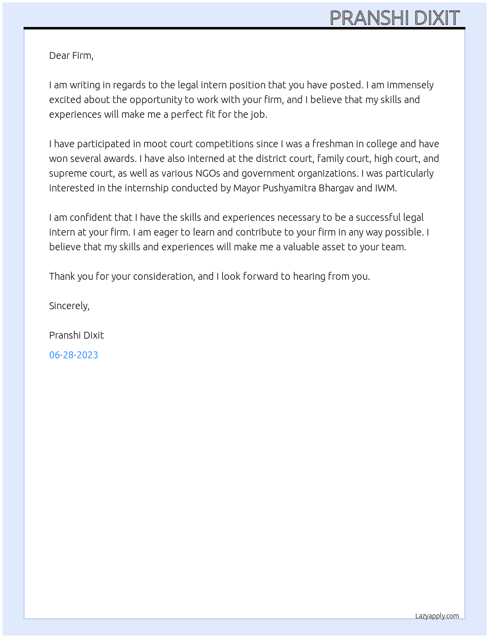 Legal intern At Legal firm Cover Letter