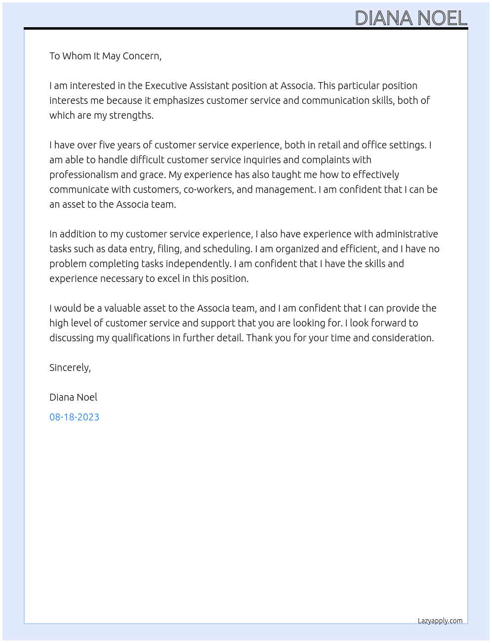 Executive Assistant  At Associa Cover Letter
