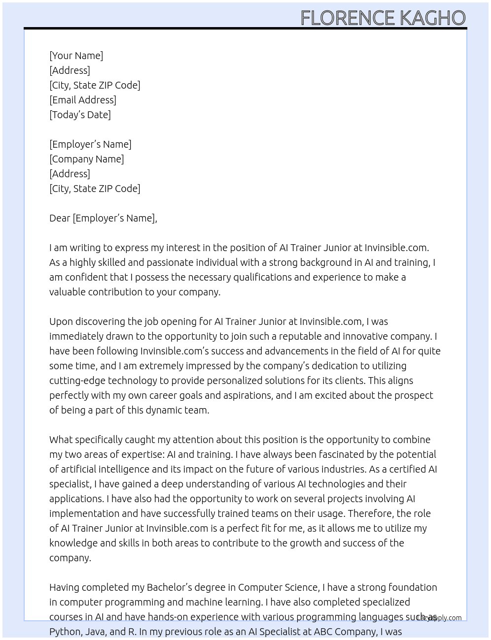 AI  Trainer Junior At Invinsible.com Cover Letter