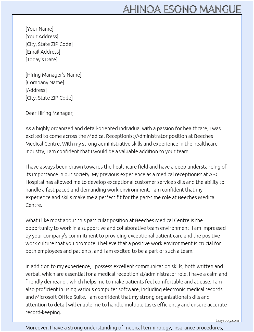 Medical receptionist/administrator  At Beeches Medical Centre Cover Letter