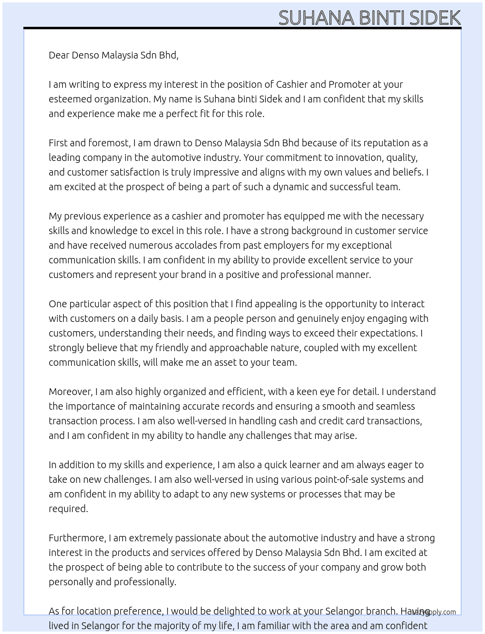 Cashier and promoter At Denso malaysia sdn bhd Cover Letter
