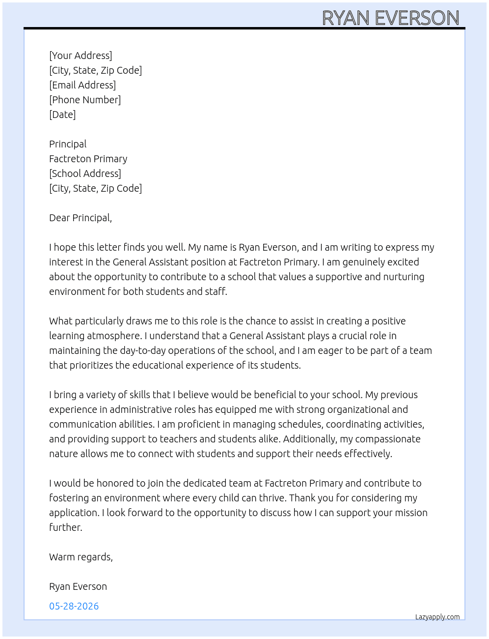 General assistant  At Factreton primary  Cover Letter