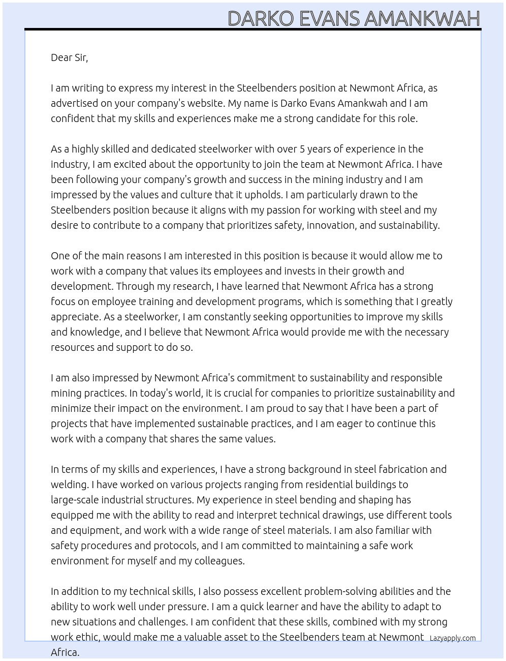 Steelbenders At newmont Africa Cover Letter