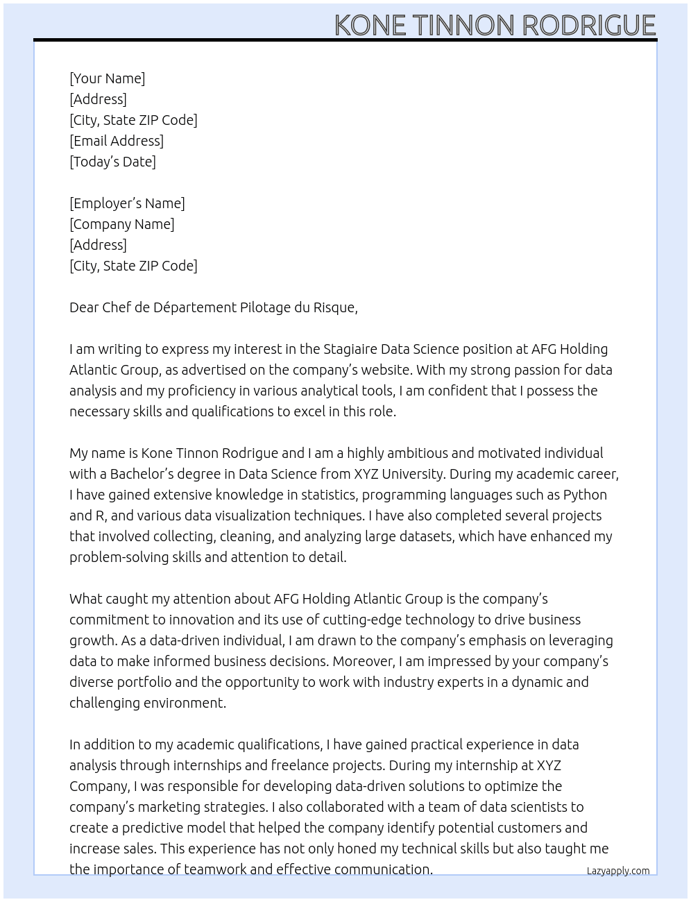 Stagiaire Data Science At AFG Holding Atlantic Group Cover Letter