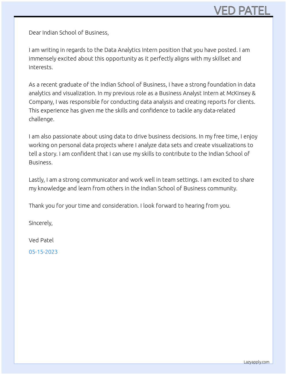 Data Analytics Intern  At Indian School of Business Cover Letter