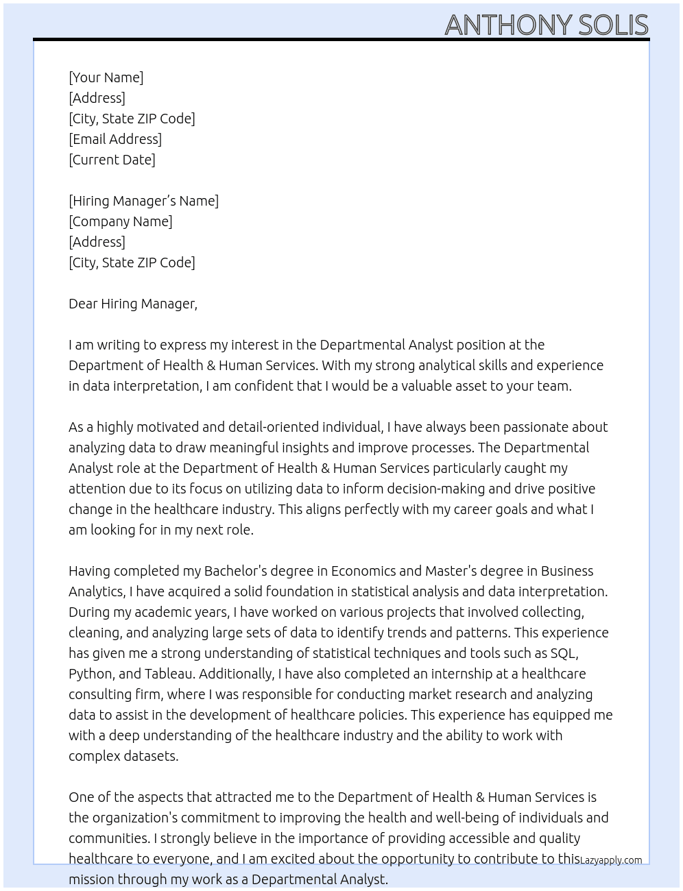 Departmental Analyst At Department of Health & Human Services Cover Letter