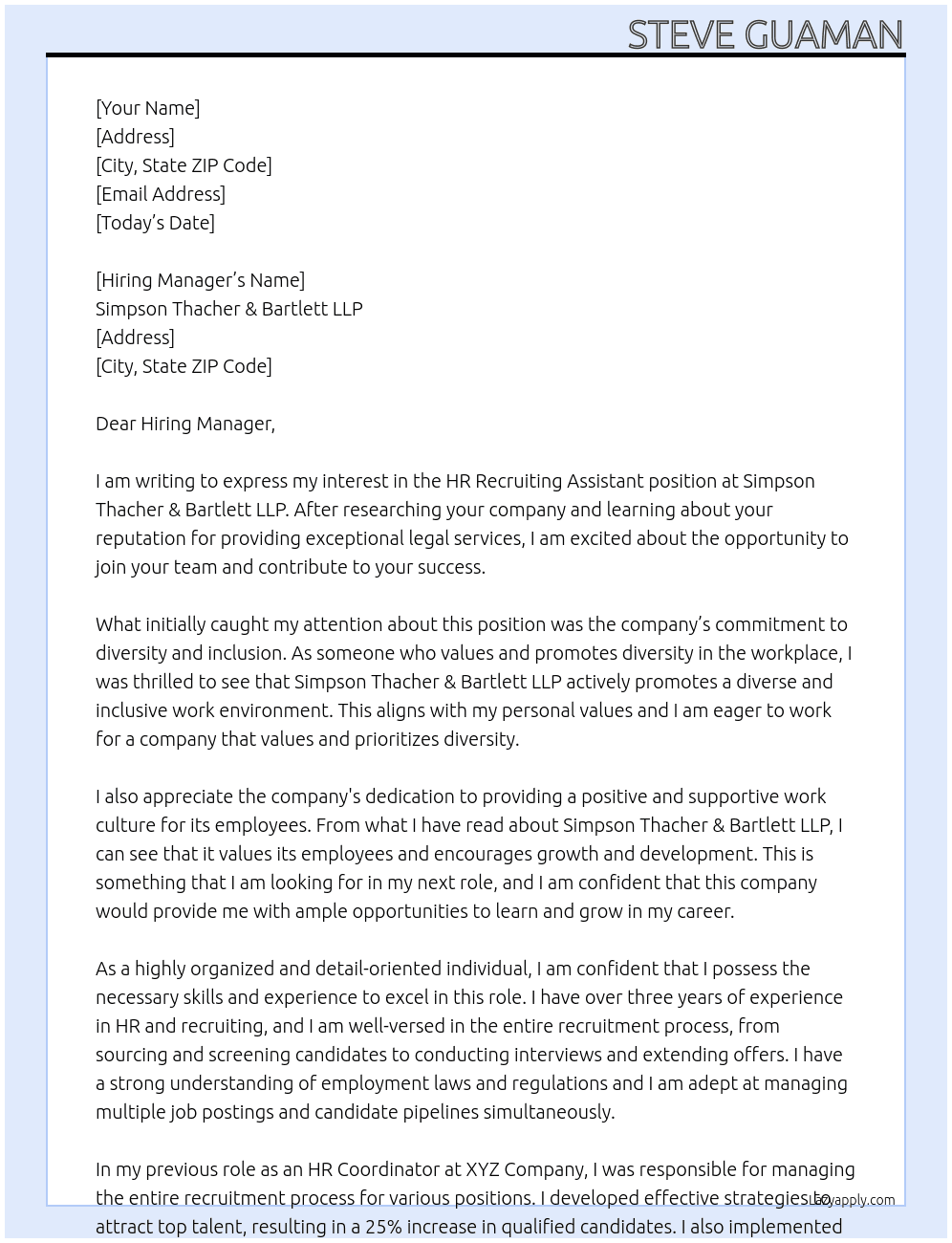 HR Recruiting Assistant At Simpson Thacher & Bartlett LLP Cover Letter