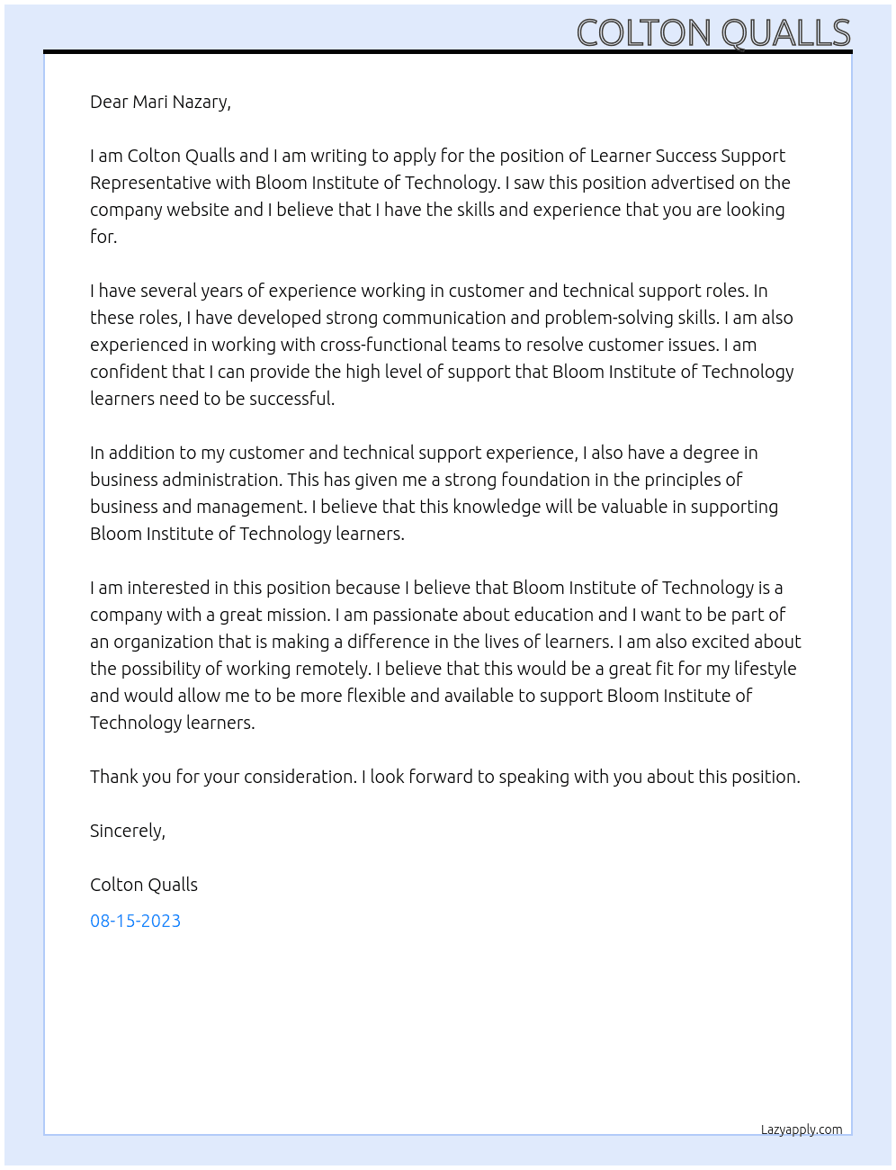 Learner Success Support Representative At Bloom Institute of Technology Cover Letter