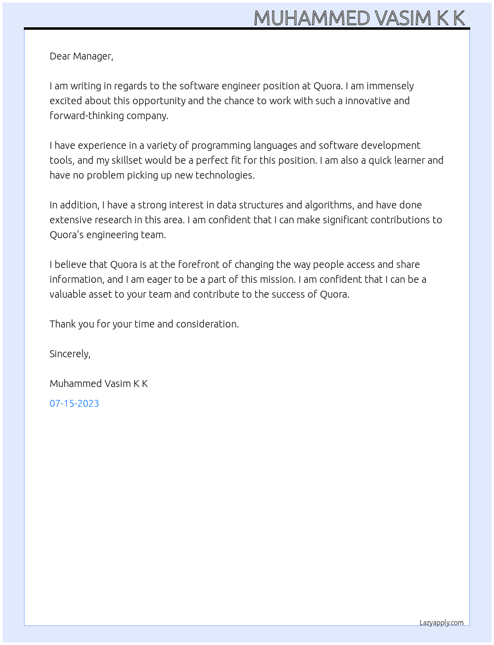 Software engineer  At Quora  Cover Letter