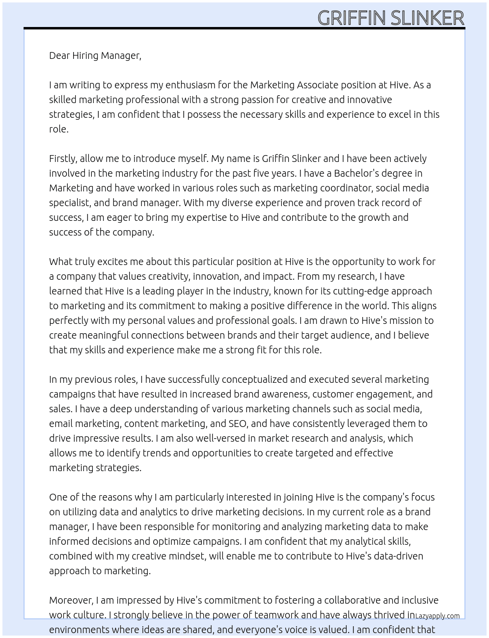 Marketing associate At Hive Cover Letter