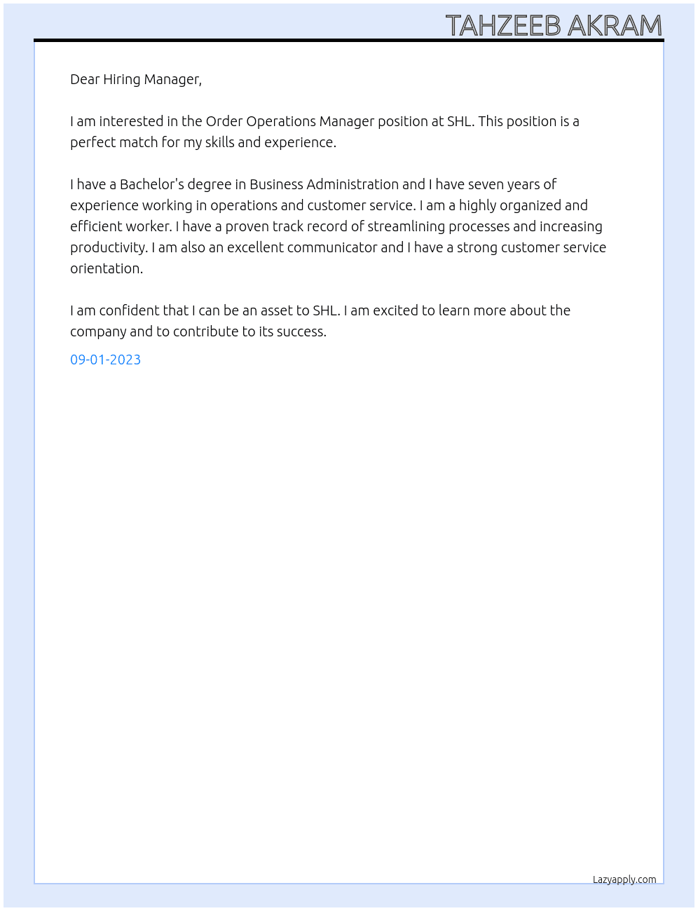 Order Operations Manager At SHL Cover Letter