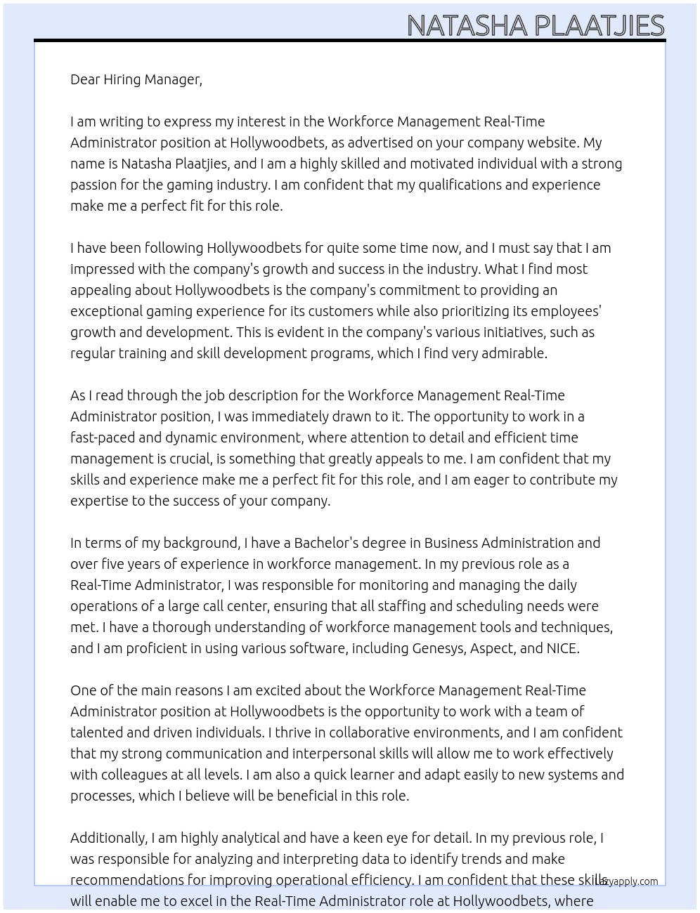 Workforce Management Real-Time Administrator At Hollywoodbets Cover Letter