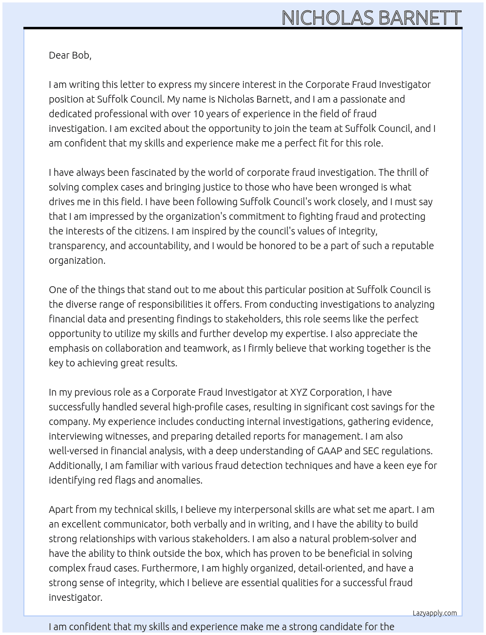 Corporate Fraud Investigator At Suffolk Council Cover Letter