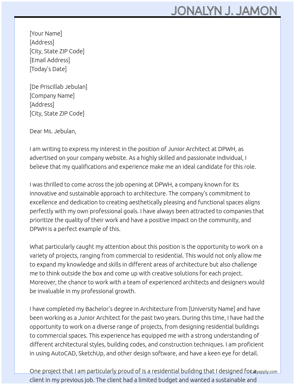 Junior Architect  At DPWH Cover Letter