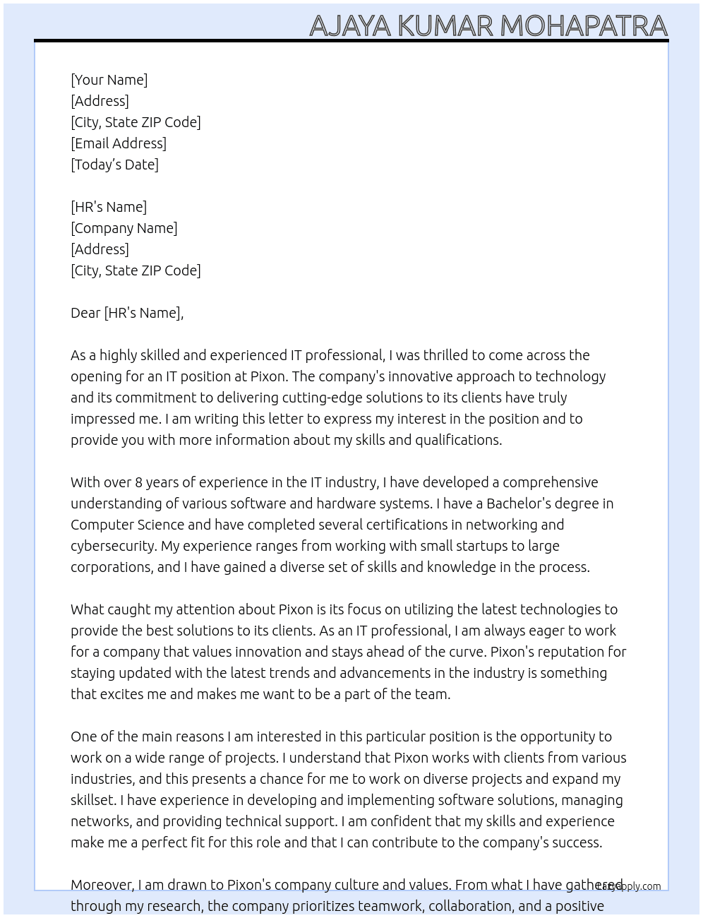 IT At Pixon Cover Letter