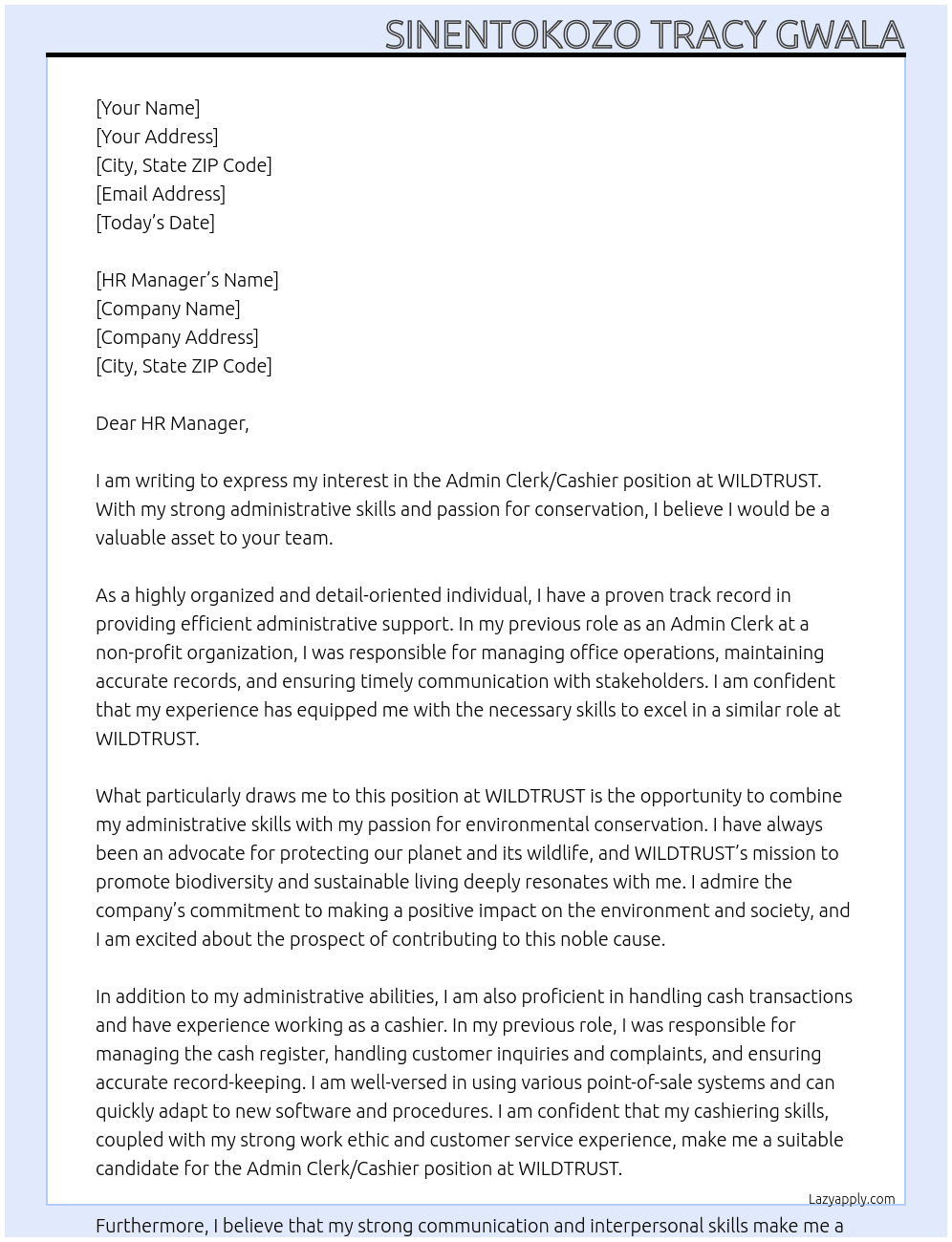 Admin Clerk / Cashier At WILDTRUST Cover Letter
