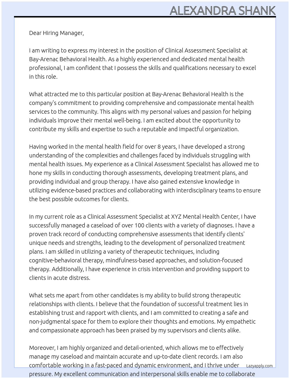 Clinical Assessment Specialist At Bay-Arenac Behavioral Health Cover Letter