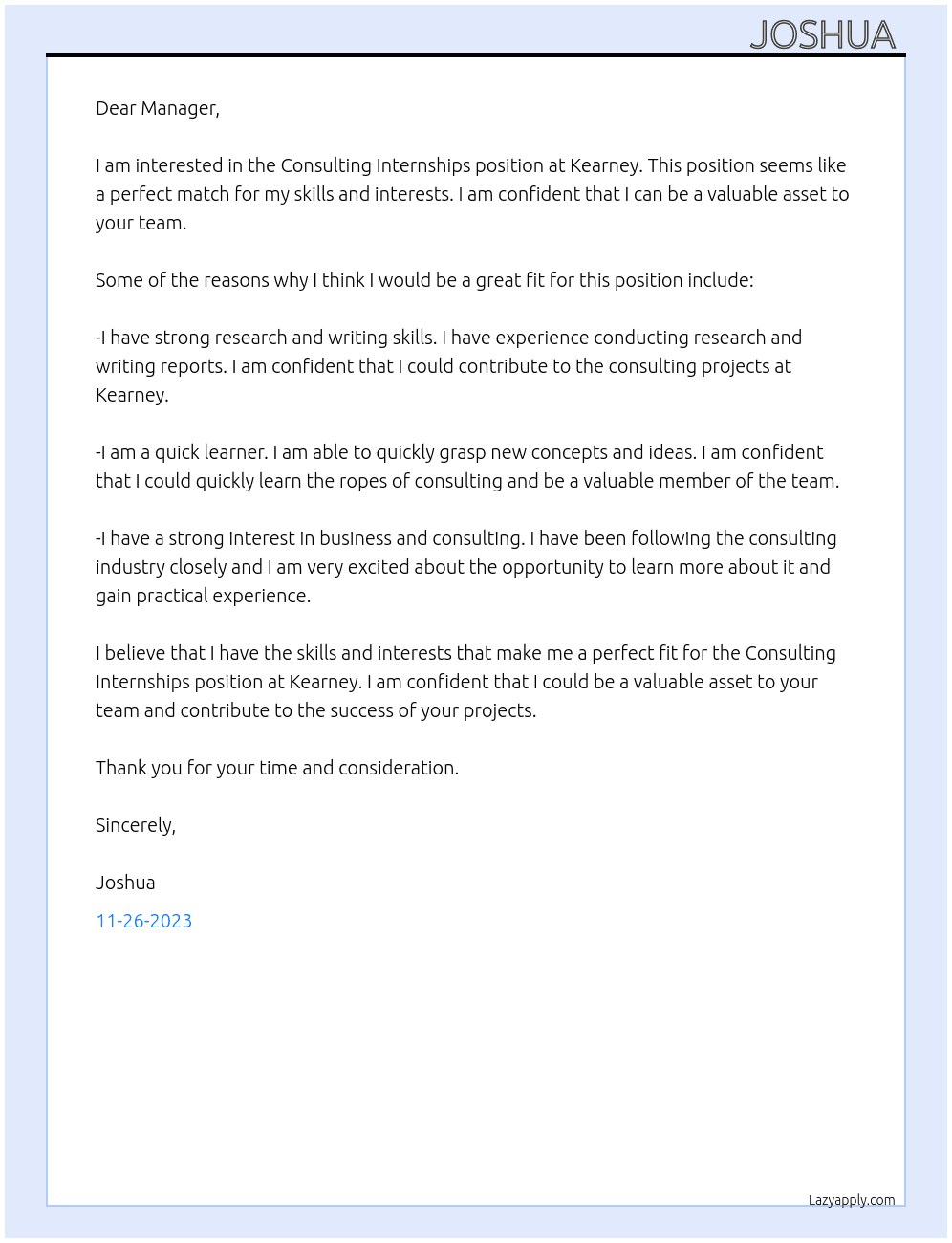 Consulting Internships  At Kearney Cover Letter