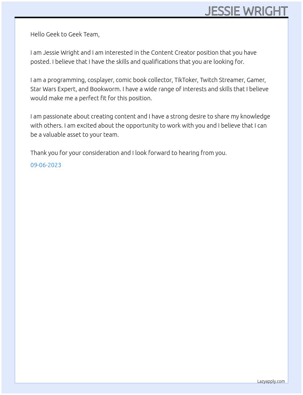 Content Creator At Geek to Geek Cover Letter