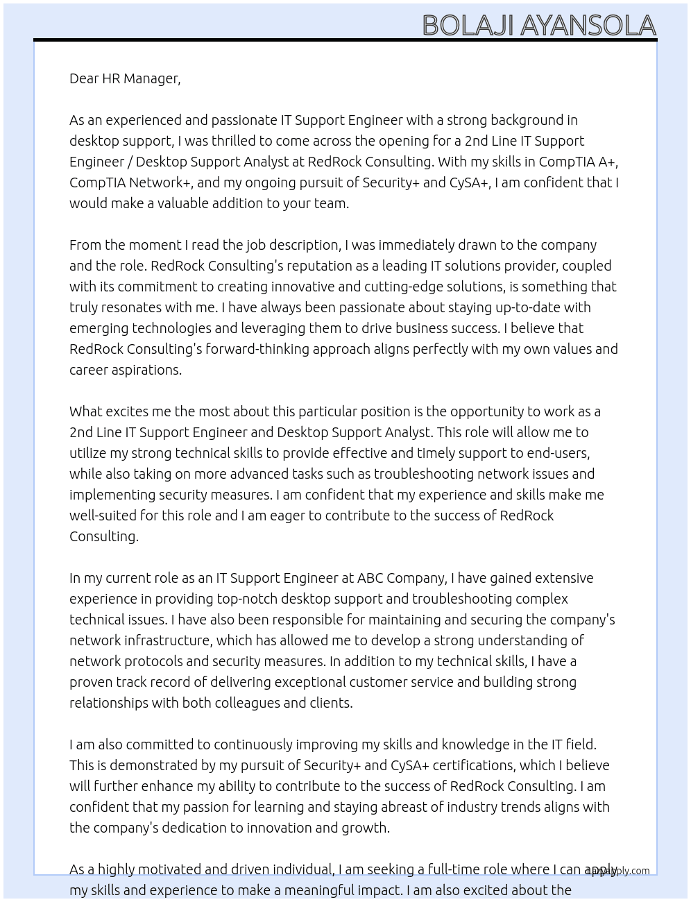 2nd Line IT Support Engineer / Desktop Support Analyst At  RedRock Consulting Cover Letter